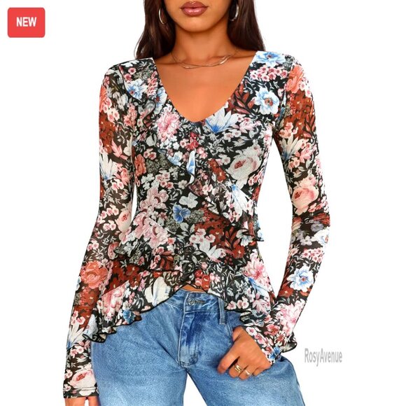 Tops - Long Sleeve Floral Ruffle V-Neck Blouse, Slim Fit, Fall Fashion Top